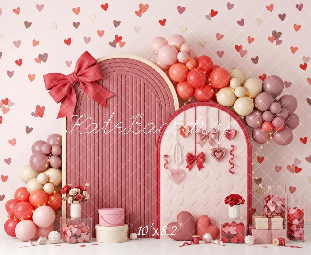 Kate Valentine's Day Cake Smash Pink Heart Balloon Arch Bow Printed Backdrop Designed by Patty Roberts