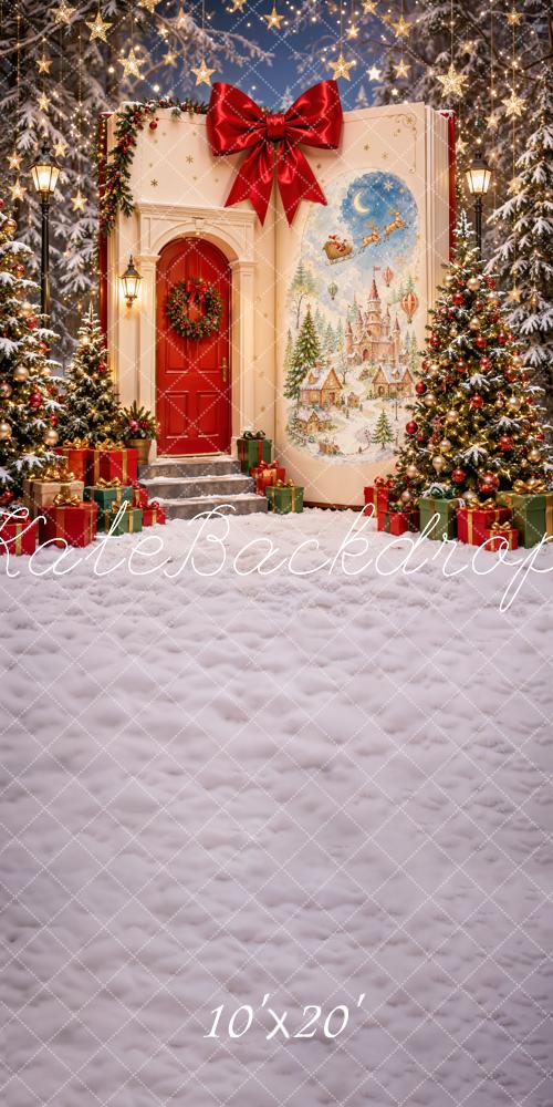 Kate Christmas Storybook Snowy Doorway Red Bow Christmas Trees Castle Printed Backdrop Designed by Emetselch
