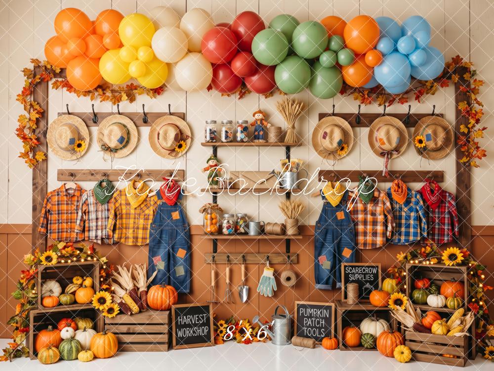 Kate Fall Birthday Little Scarecrow Workshop Pumpkins Balloons Printed Backdrop Designed by Patty Roberts