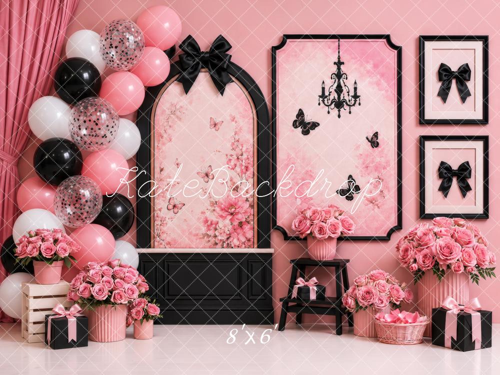 Kate Cake Smash Pink Glam Floral Boutique Balloons Bows Black Frames Printed Backdrop Designed by Shutter Swan Studios