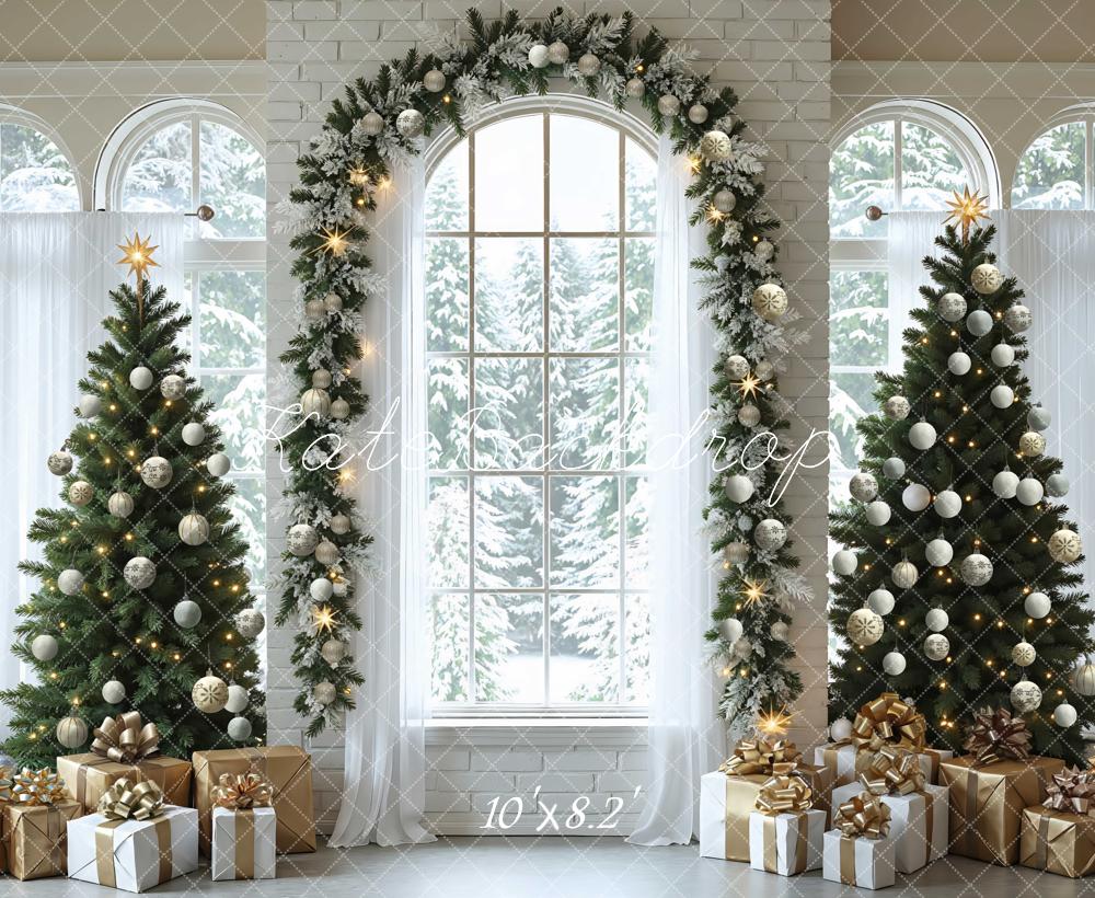 Kate Christmas Tree Arch Garland White Window Gifts Snowy Backdrop Designed by Mini MakeBelieve