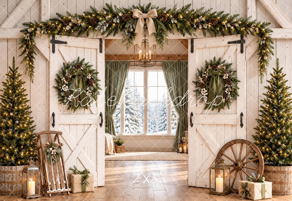 Kate Christmas Farmhouse White Barn Doors Wreaths Trees Printed Backdrop Designed by Emetselch
