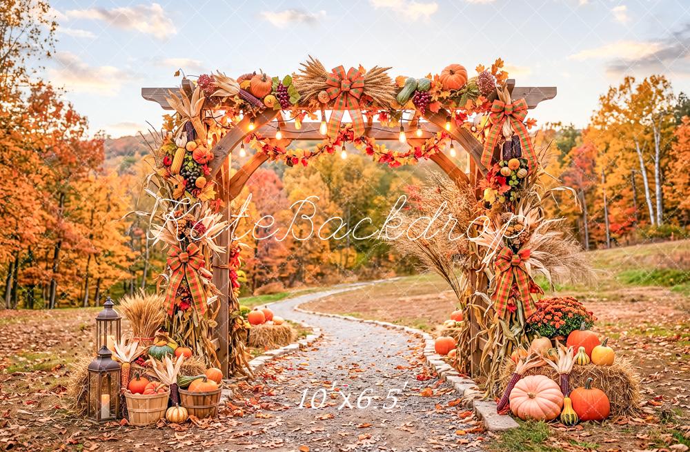 Kate Fall Harvest Pumpkin Archway Path Printed Outdoor Backdrop Designed by Angela Miller