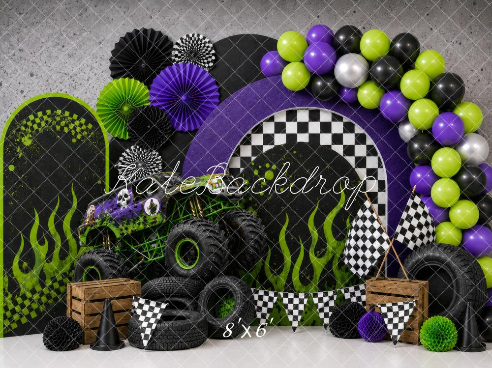 Kate Cake Smash Monster Truck Checkered Pattern Green Flames Balloons Printed Backdrop Designed by Shutter Swan Studios