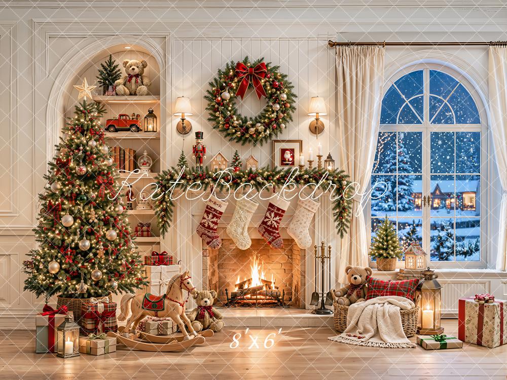 Kate Christmas White Fireplace Tree Wreath Toys Window Printed Backdrop Designed by Emetselch