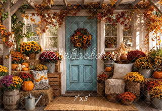 Kate Fall Porch Pumpkins Sunflowers Blue Door Printed Backdrop Designed by Emetselch