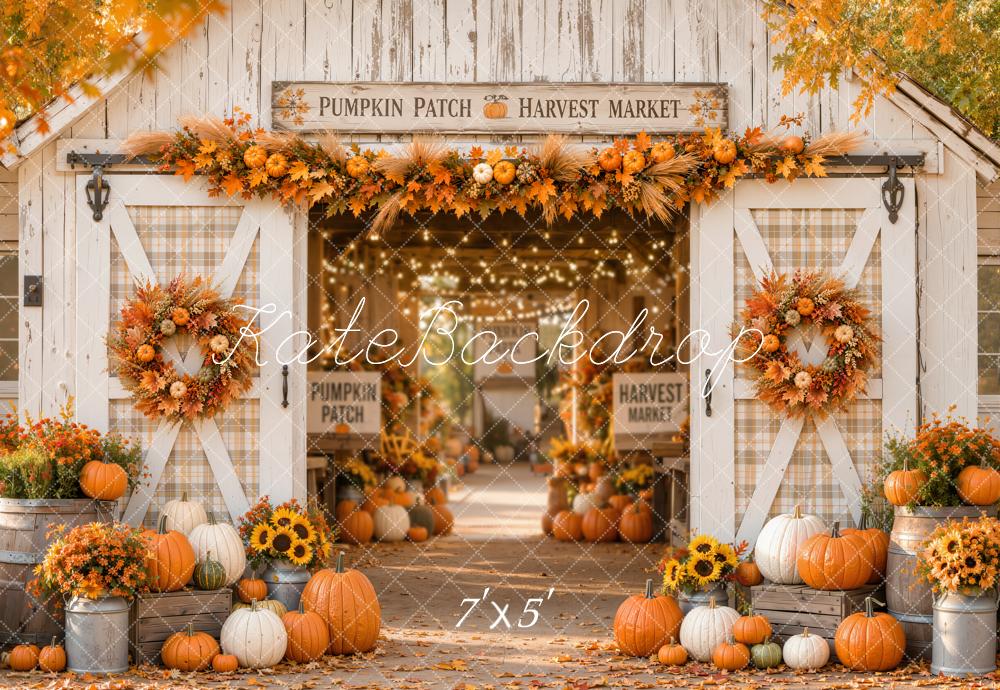 Kate Fall White Barn Pumpkin Harvest Wreath Printed Backdrop Designed by Emetselch