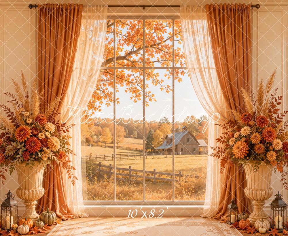 Kate Fall Cozy Window Farm Orange Curtains Pumpkins Floral Printed Backdrop Designed by Emetselch