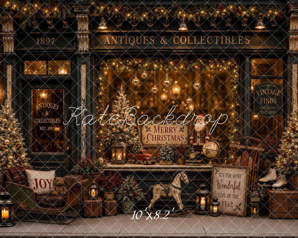 Kate Christmas Antique Window Display Storefront Garland Trees Sled Printed Backdrop Designed by Ashley Ward