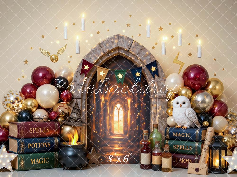 Kate Cake Smash Magic Castle Arch Balloons Spells Books Owl Printed Backdrop Printed Backdrop Designed by Mini MakeBelieve