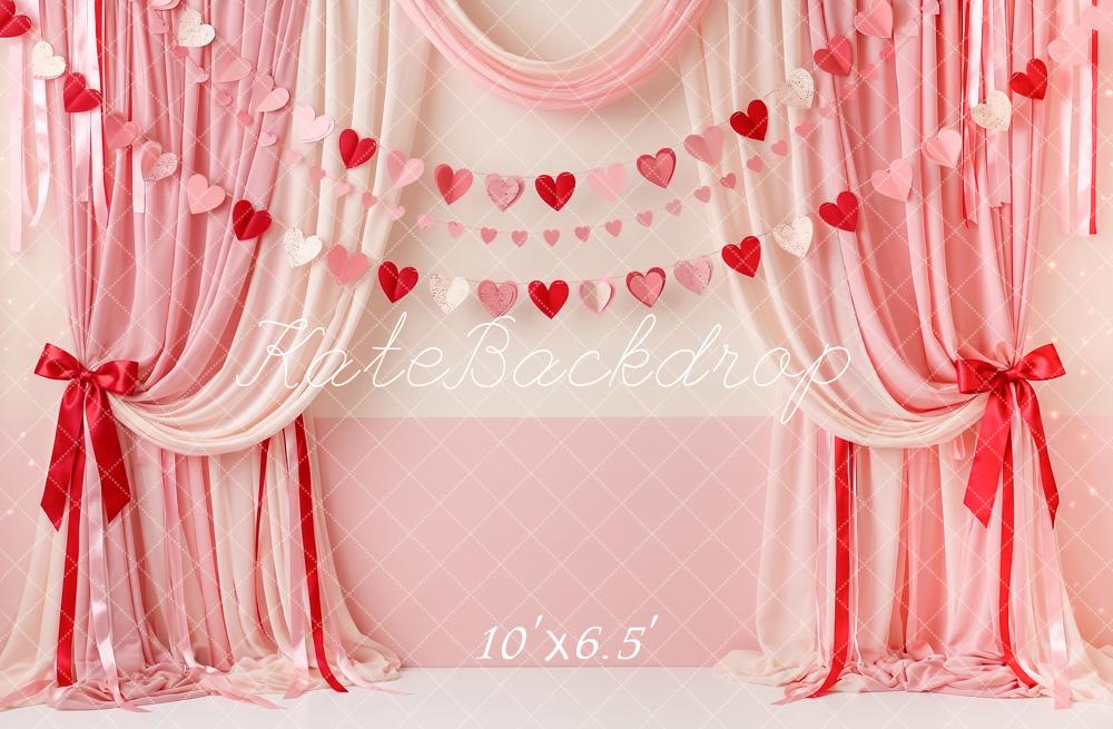 Kate Valentine's Day Heart Bunting Draped Curtains Bow Printed Backdrop Designed by Angela Miller