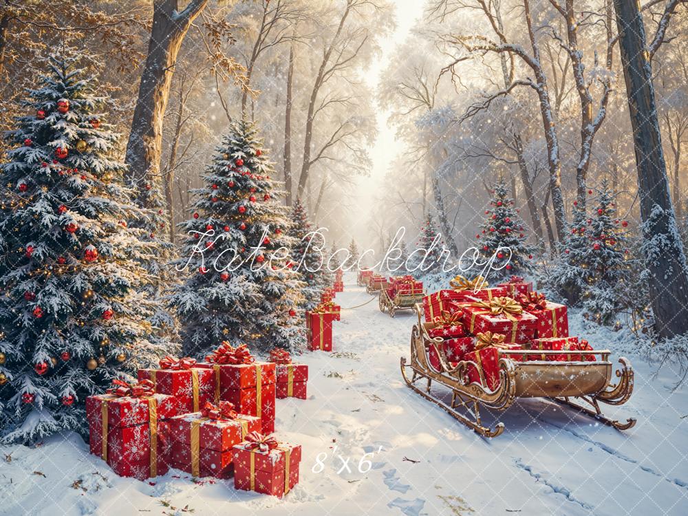 Kate Christmas Snowy Forest Red Sleigh Presents Backdrop Designed by Emetselch