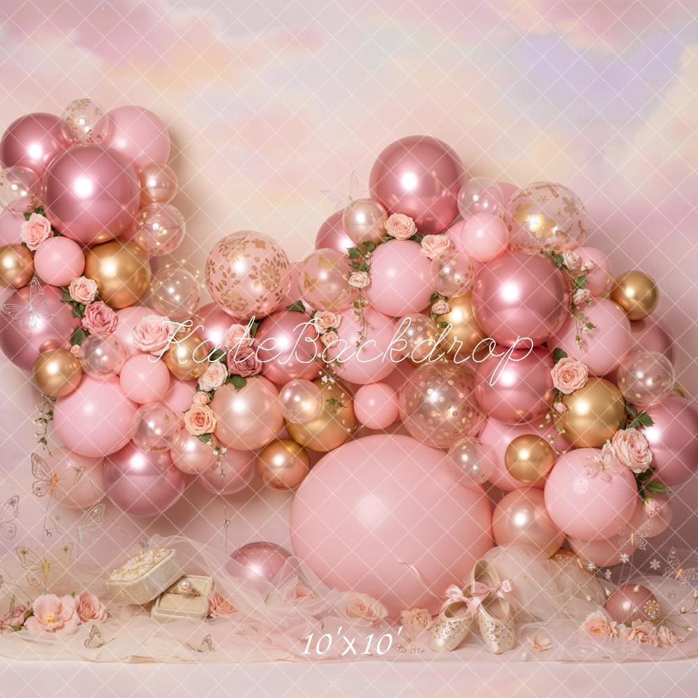 Kate Cake Smash Pink Balloon Arch Rose Gold Floral Printed Backdrop Designed by Emetselch