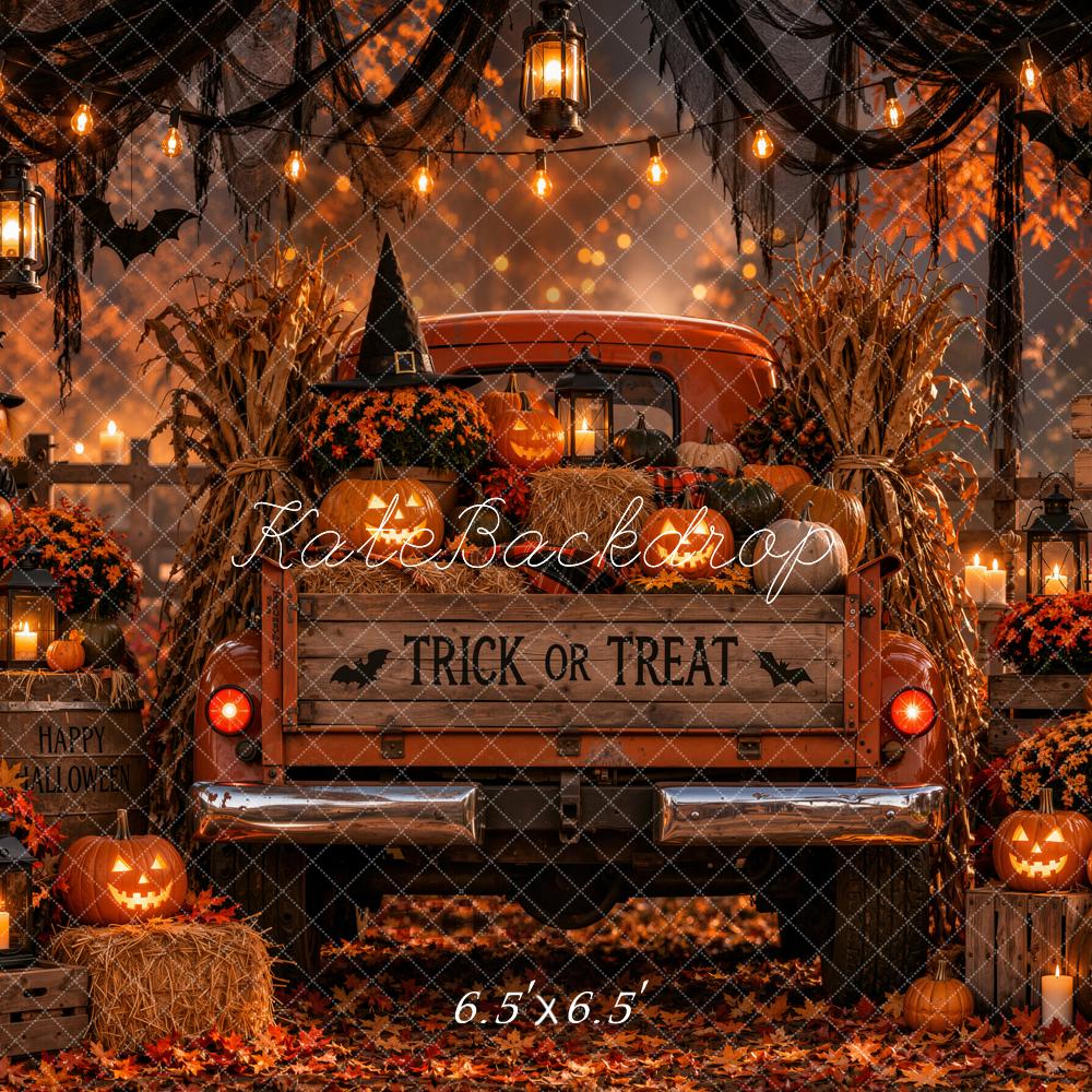 Kate Halloween Orange Vintage Truck Pumpkins Hay Bales Lanterns Printed Backdrop Designed by Emetselch
