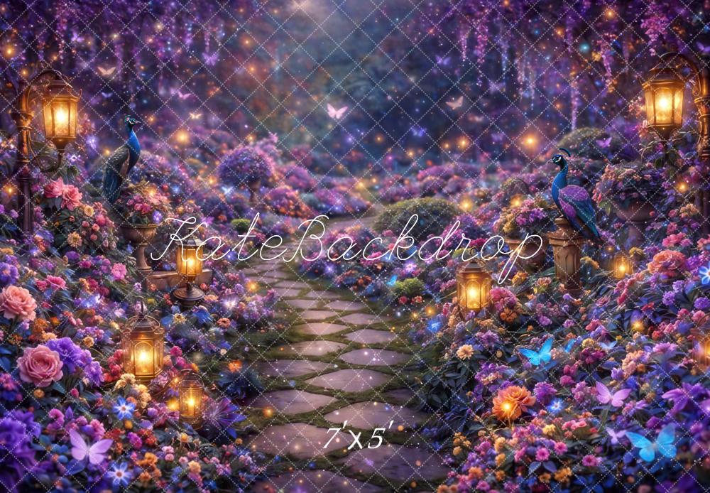 Kate Fairy Fantasy Purple Garden Path with Lanterns and Peacocks Printed Backdrop Designed by Mini MakeBelieve