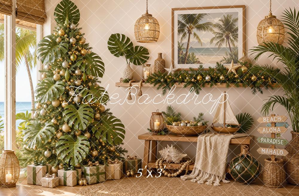 Kate Christmas Tree Tropical Beach Fireplace Printed Backdrop Designed by Shutter Swan Studios
