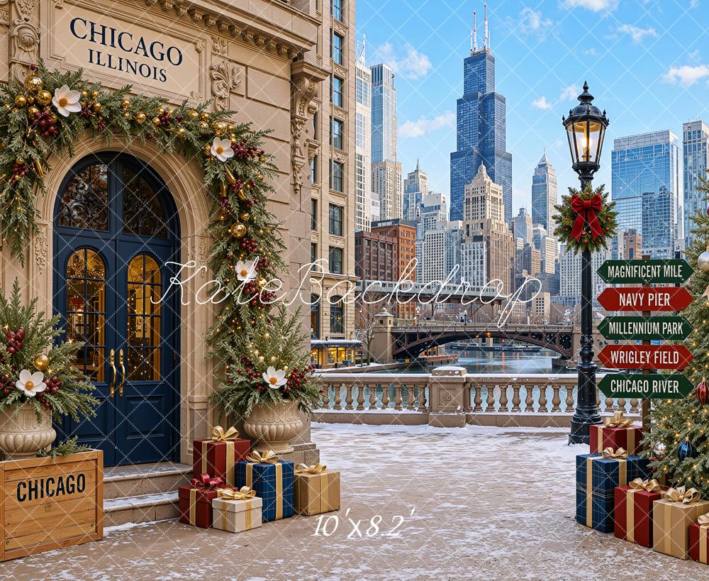 Kate Christmas Trees Chicago Cityscape Architecture Printed Backdrop Designed by Shutter Swan Studios