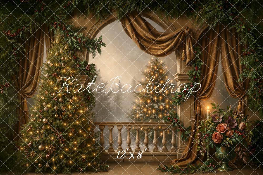 Kate Christmas Tree Vintage Balcony Garland Gold Curtains Flowers Printed Backdrop Designed by Chain Photography