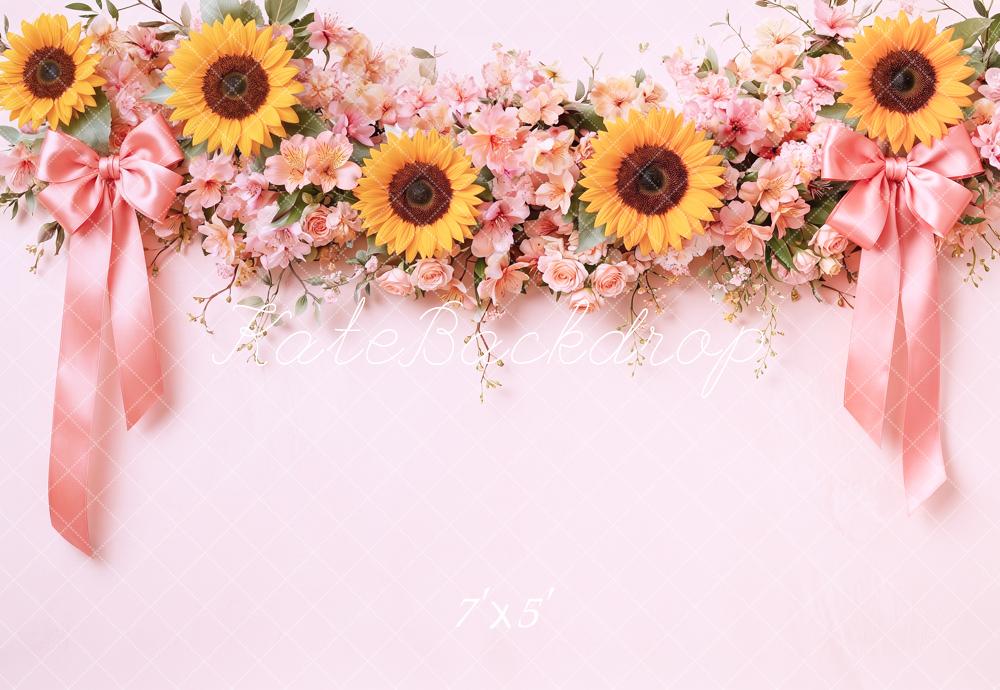 Kate Fall Flower Arch Sunflowers Pink Bows Ribbon Printed Backdrop Designed by Angela Miller