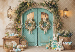 Kate Easter Bunny Blue Arch Door Flower Basket Printed Backdrop Designed by Emetselch