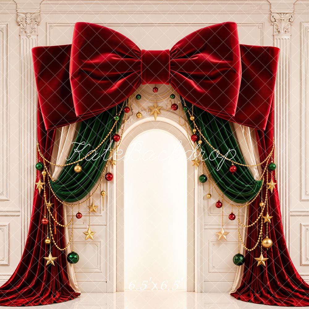 Kate Christmas Red Velvet Bow Arch Ornaments Printed Backdrop Designed by Emetselch