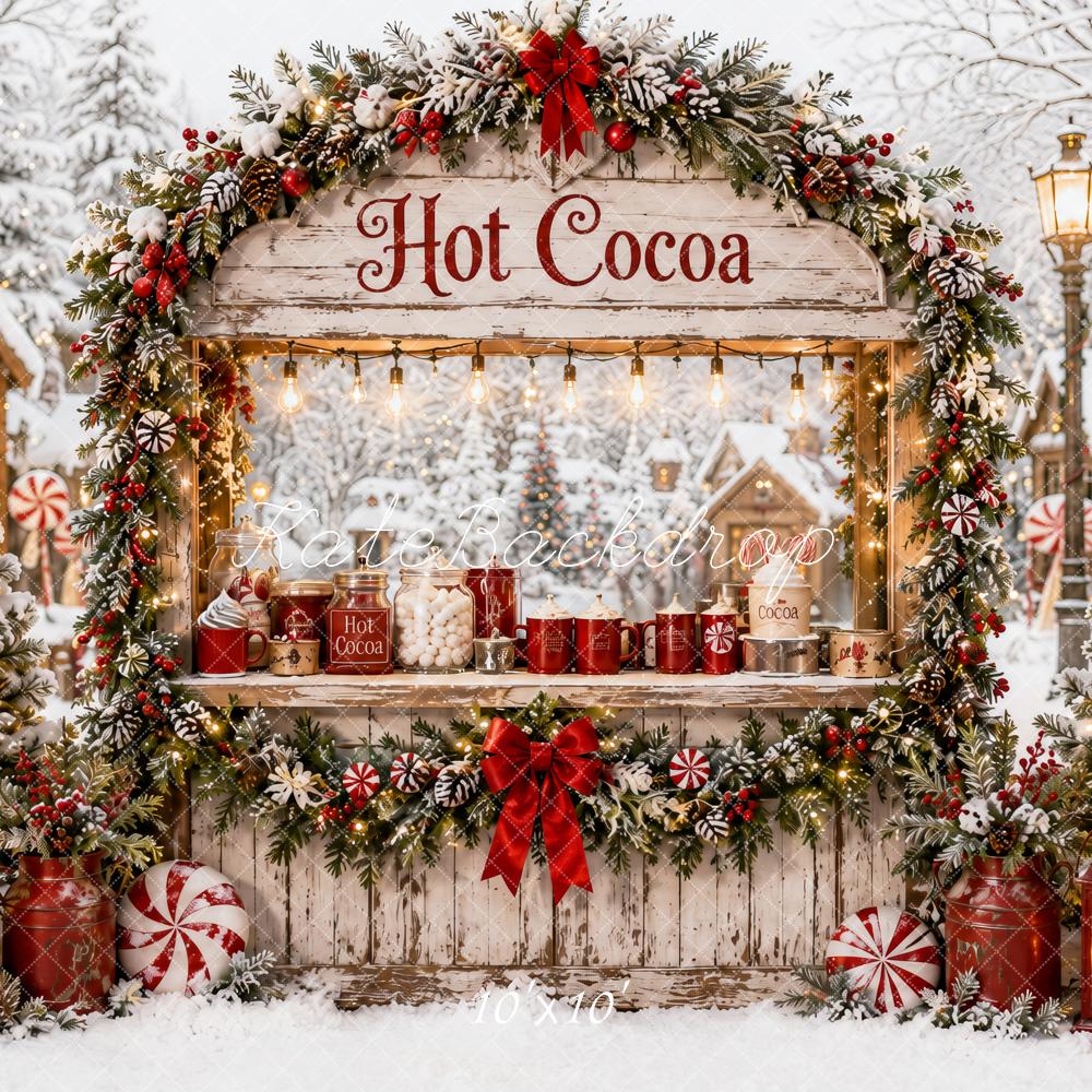 Kate Christmas Vintage Hot Cocoa Stand Snowy Village Trees Printed Backdrop Designed by Ashley Paul