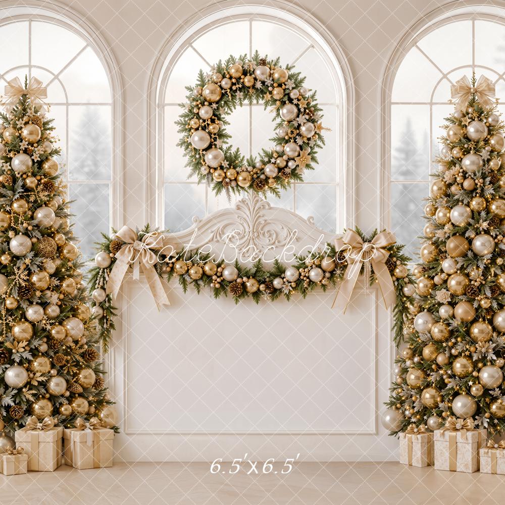 Kate Christmas Headboard Gold Christmas Trees Wreath Garland Window Printed Backdrop Designed by Emetselch