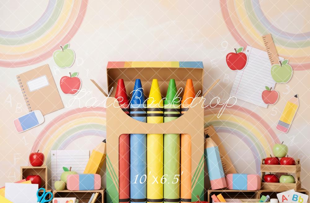Kate Back To School Crayons Rainbow Apples Printed Backdrop Designed by Patty Roberts