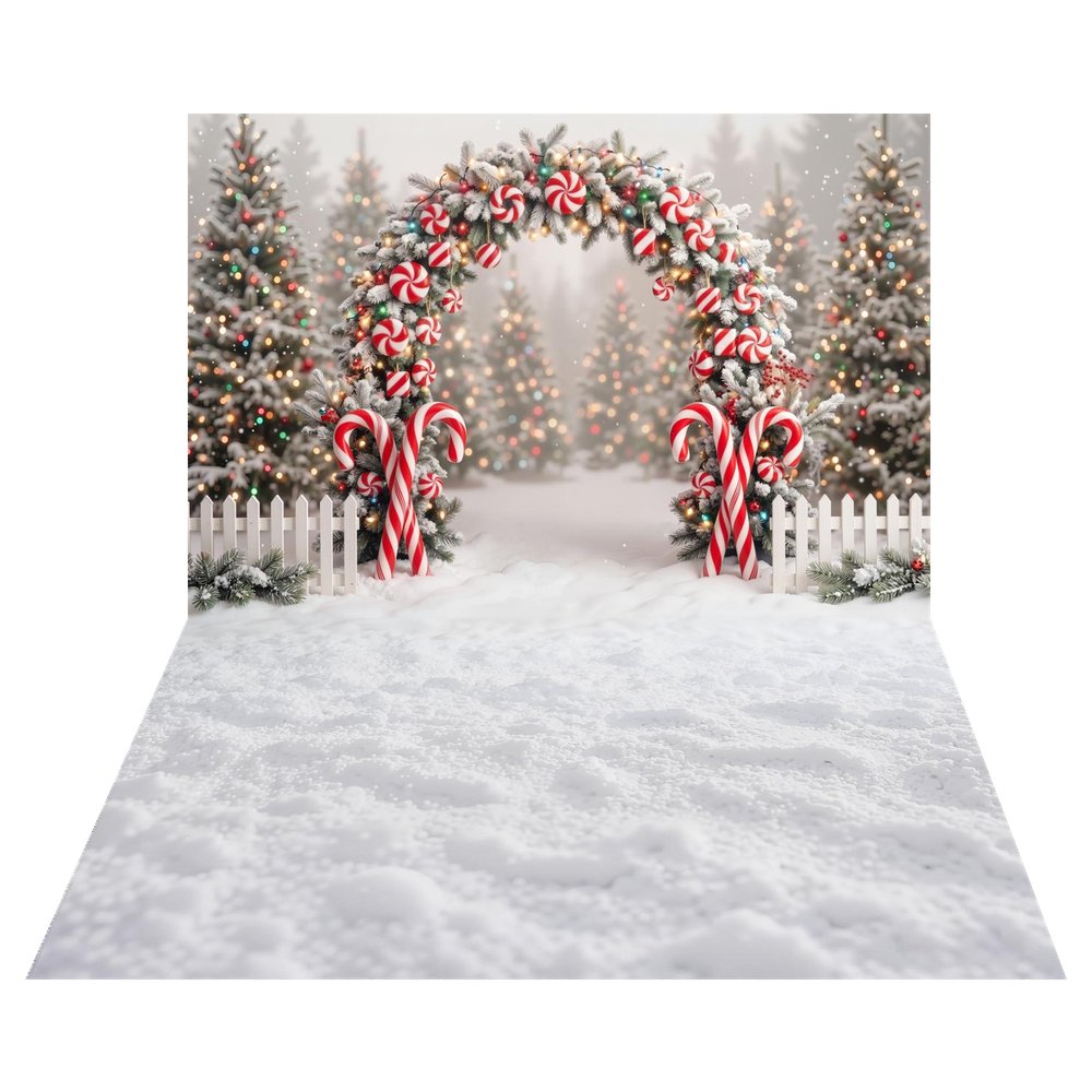 Kate Christmas Flower Arch Candy Cane Peppermint Snowy Trees Printed Backdrop+White Snow Ground Texture Printed Backdrop