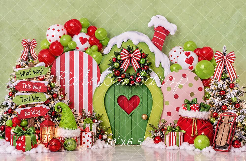 Kate Christmas Cake Smash Green Elf Door Candy Cane House Printed Backdrop Designed by Laura Bybee