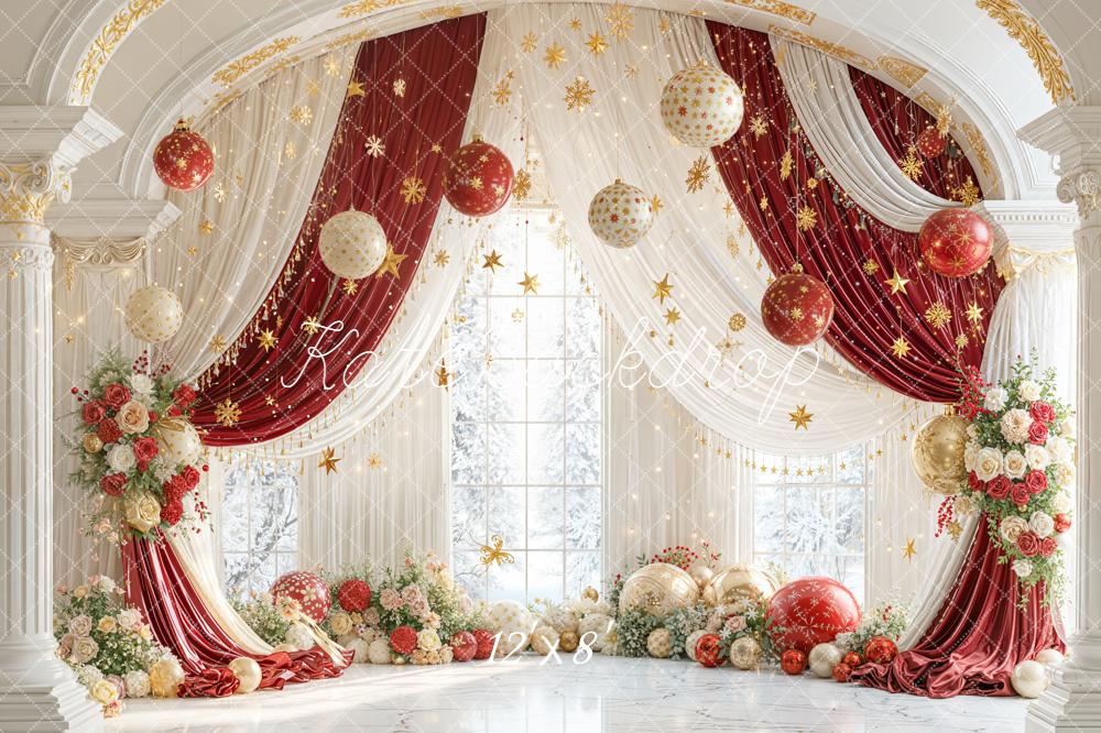 Kate Christmas Arch Red Gold Drapes Ornaments Flowers Backdrop Designed by Emetselch