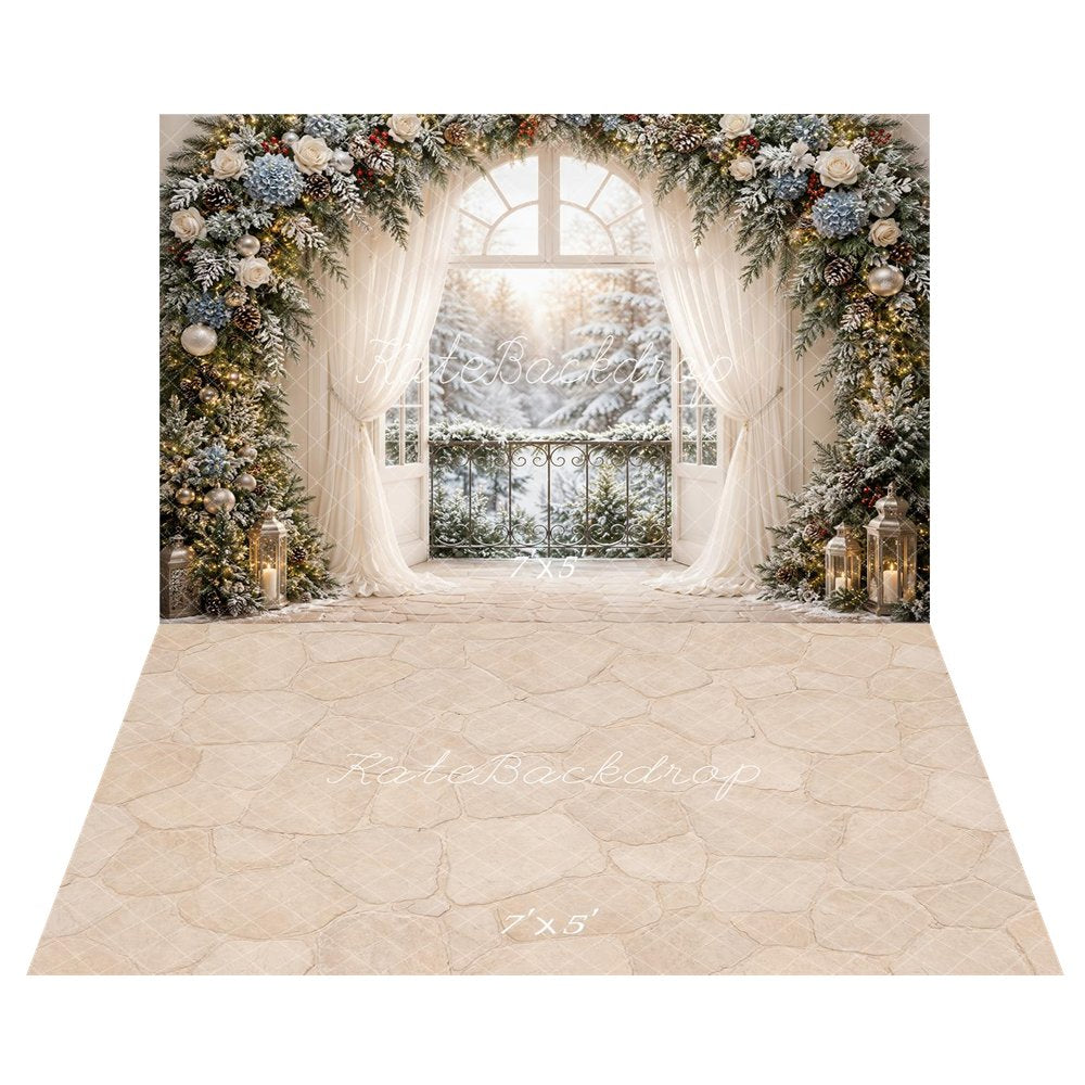 Kate Christmas Snowy Flower Arched Window Curtains Lanterns Printed Backdrop+Beige Cobblestone Abstract Texture Printed Backdrop