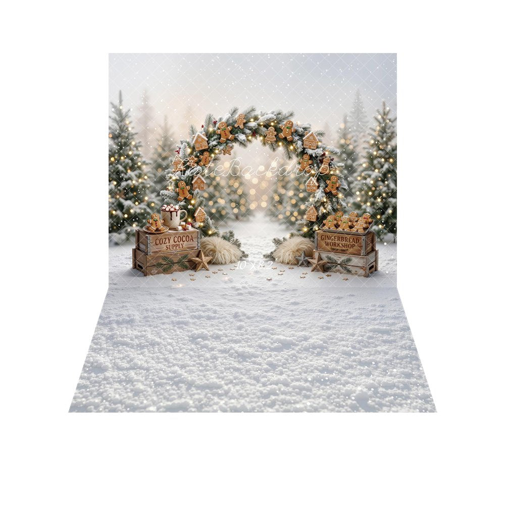 Kate Christmas Gingerbread Arch Cozy Cocoa Snowy Trees Printed Backdrop+Snowy White Winter Texture Printed Backdrop