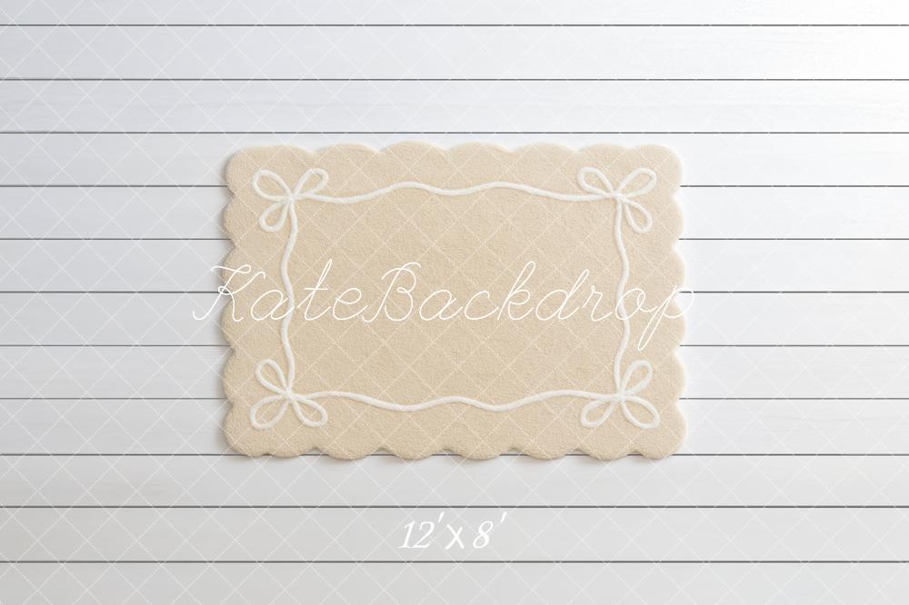 Kate Beige Rug with White Bows on White Shiplap Floor Backdrop Designed by Mini MakeBelieve