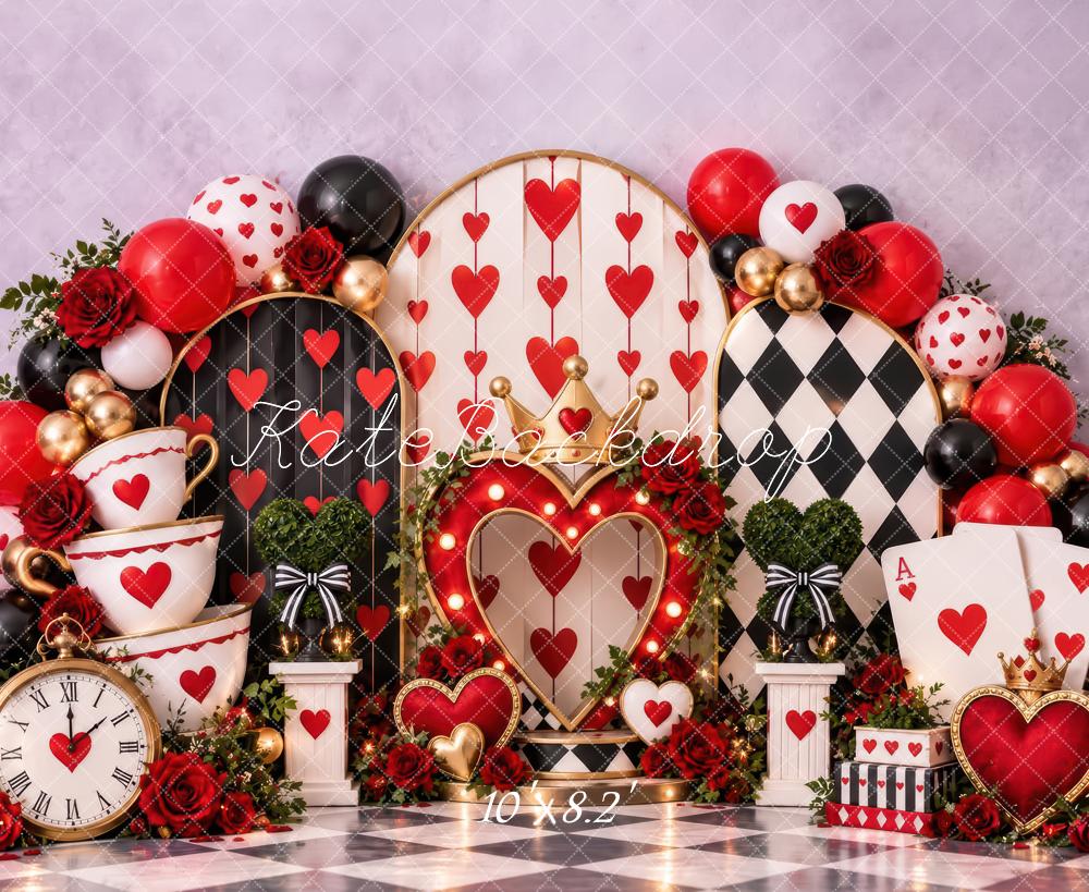 Kate Valentine's Day Red Hearts Balloons Roses Checkerboard Printed Backdrop Designed by Laura Bybee