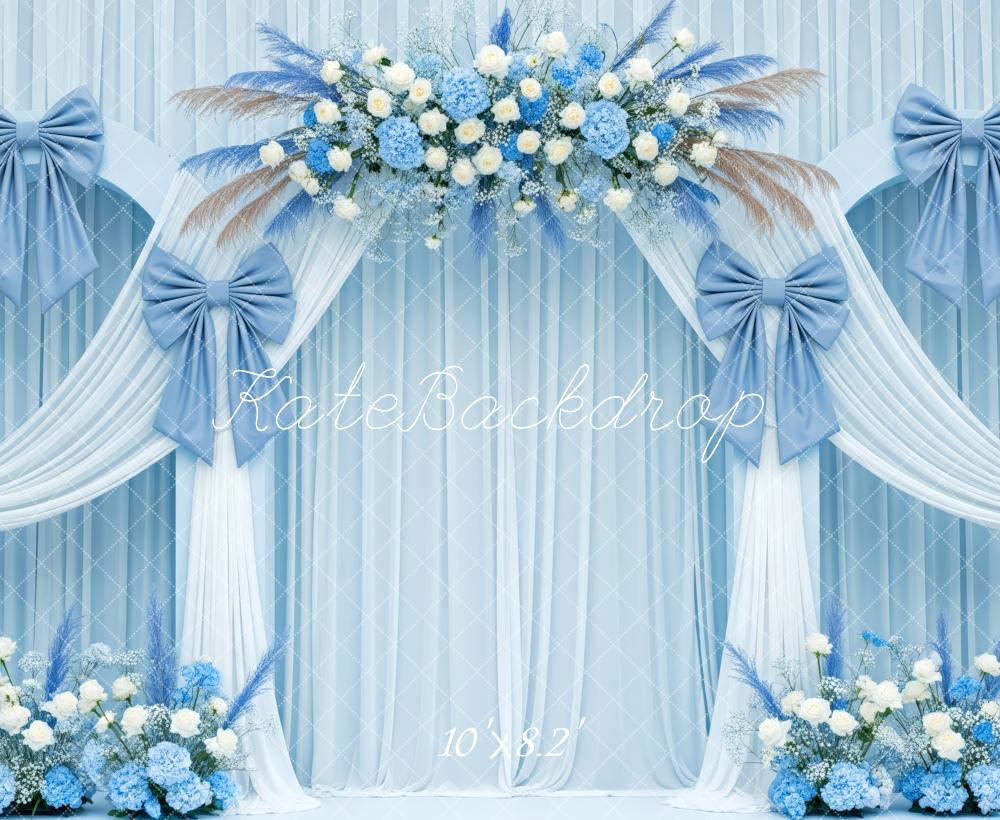 Kate Blue Flower Arch White Drapes Bows Backdrop Designed by Patty Roberts