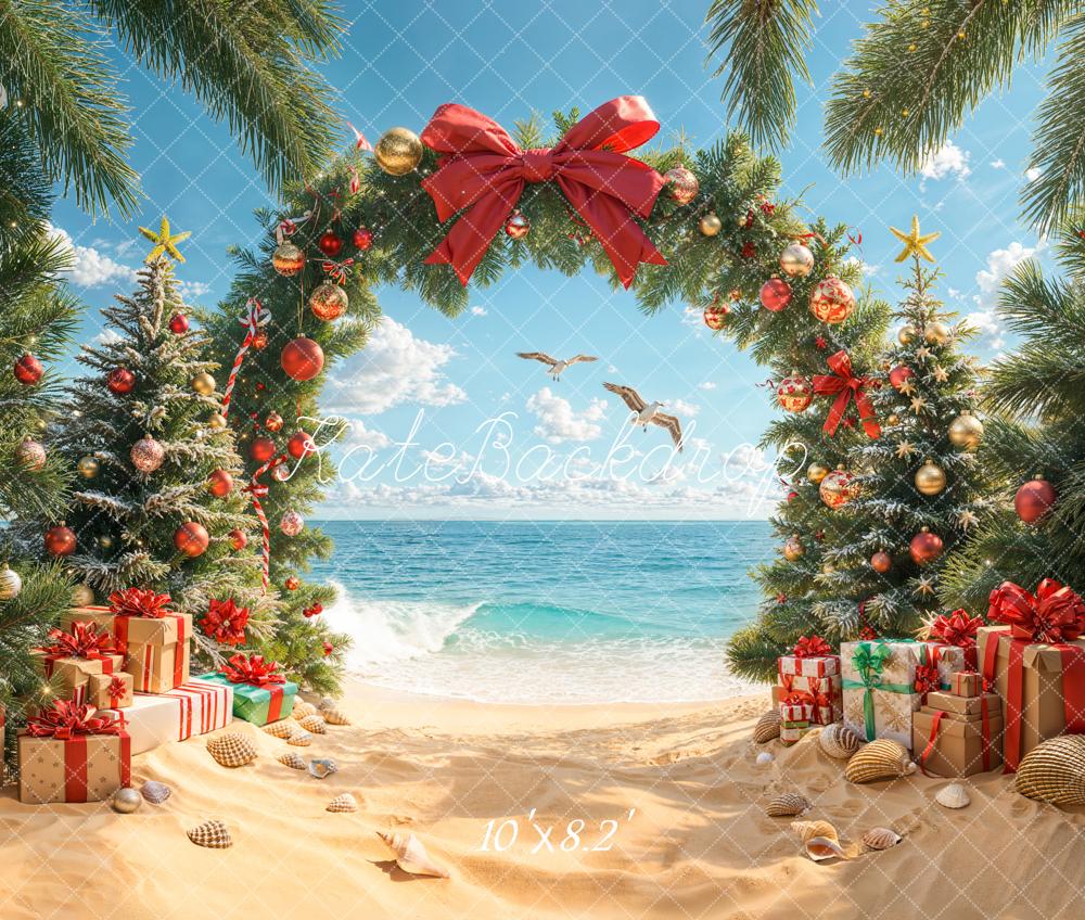 Kate Christmas Beach Tree Arch Gifts Bow Backdrop Designed by Emetselch