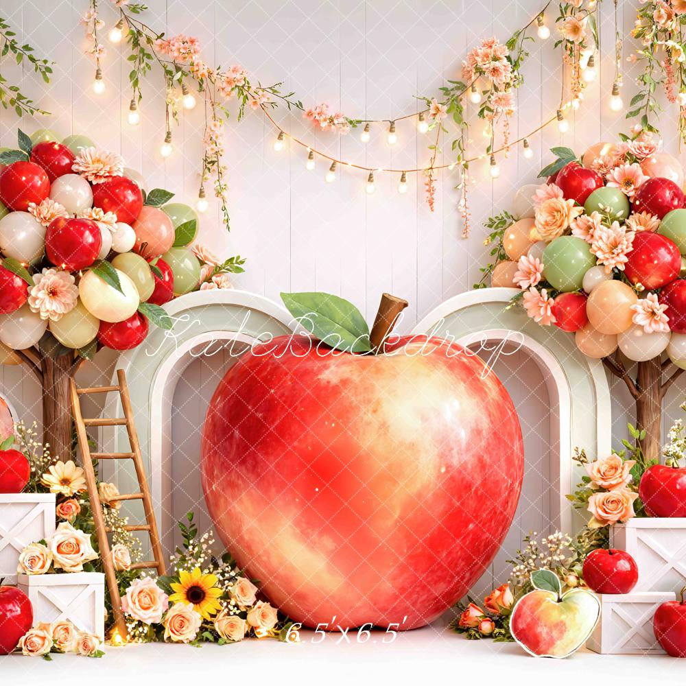 Kate Cake Smash Apple Balloon Arch Floral Crates Printed Backdrop Designed by Mini MakeBelieve