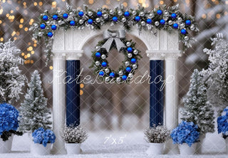 Kate Christmas Arch Blue Silver Wreath Snow Trees Printed Backdrop Designed by Mini MakeBelieve