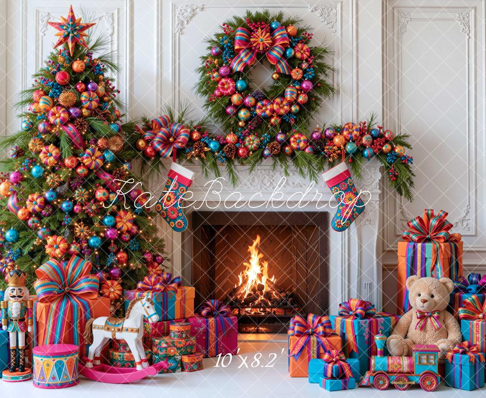 Kate Christmas Tree Fireplace Mexico Wreath Gifts Printed Backdrop Designed by Mini MakeBelieve