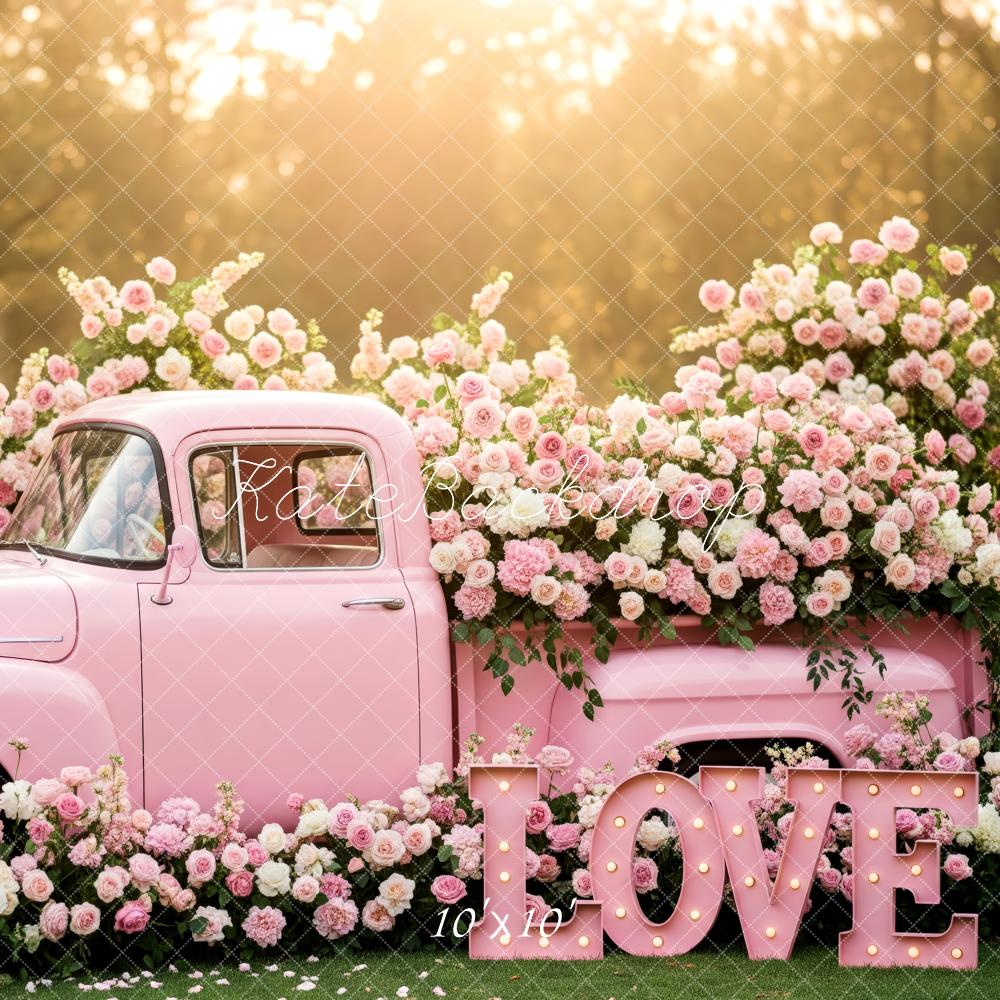 Kate Valentine's Day Truck Pink Flower Arch Love Sign Backdrop Designed by Patty Roberts