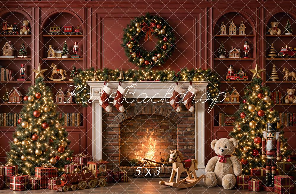 Kate Christmas Fireplace Tree Wreath Gifts Red Toys Wall Printed Backdrop Designed by Emetselch