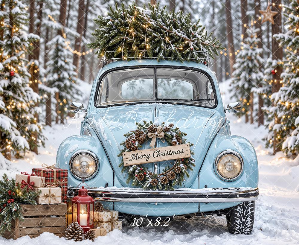 Kate Christmas Blue Vintage Truck Snowy Forest Wreath Printed Backdrop Designed by Emetselch