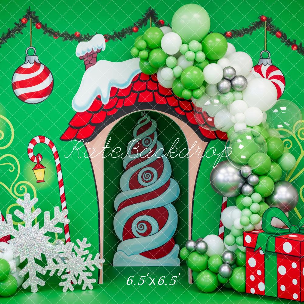 Kate Christmas Candy Cane House Green Balloons Gift Ornaments Backdrop Designed by Patty Roberts