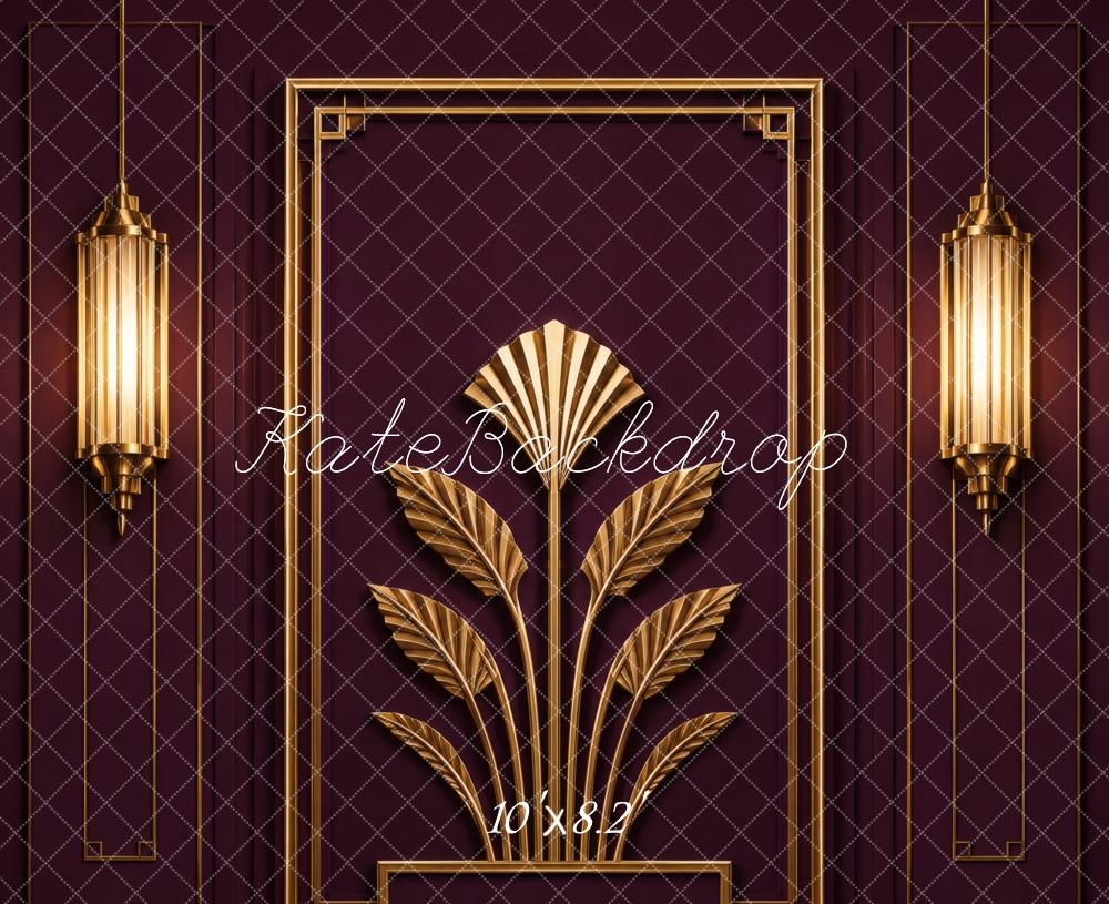 Kate 20's Retro Art Deco Gold Wall Sconces Burgundy Wall Printed Backdrop Designed by Vertigo Productions