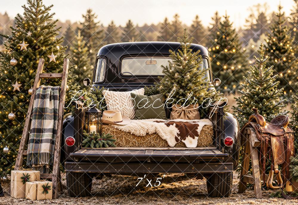 Kate Christmas Vintage Black Truck Pine Trees Ladder Saddle Printed Backdrop Designed by Emetselch