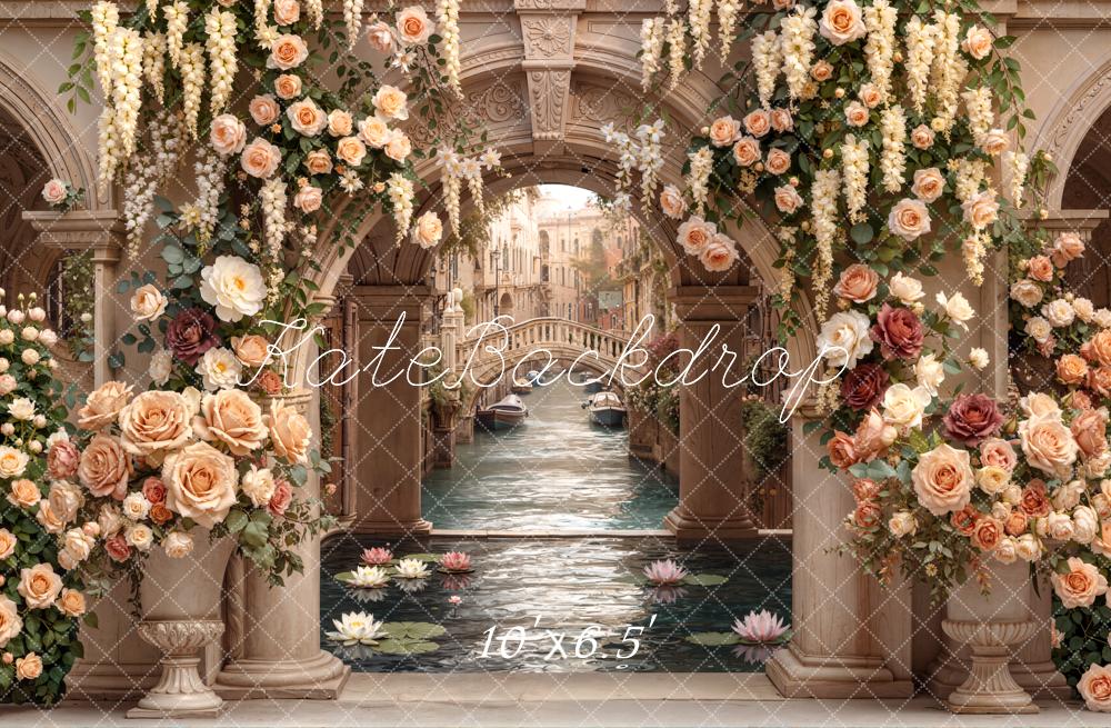 Kate Flower Arch Venetian Canal Floral Columns Printed Backdrop Designed by Emetselch