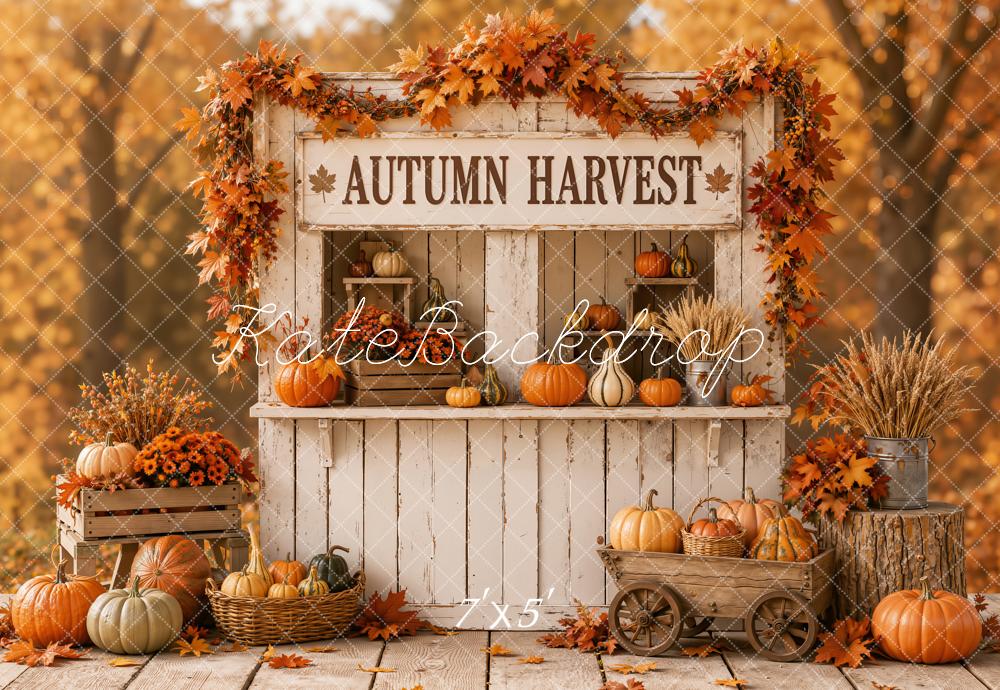 Kate Fall Harvest Pumpkin Stand Wagon Maple Forest Printed Backdrop Designed by Emetselch