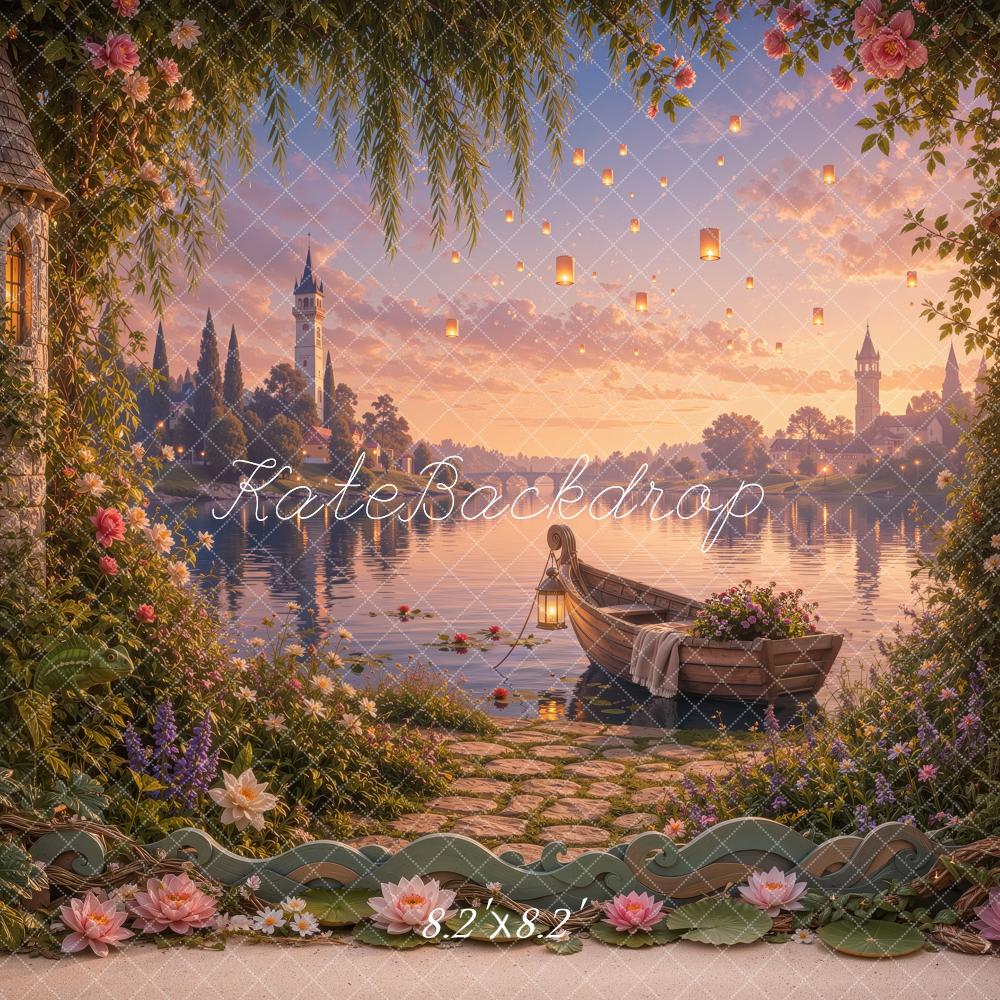 Kate Fairy Fantasy Castle Lake Boat Garden Flowers Sunset Printed Backdrop Designed by Ashley Ward