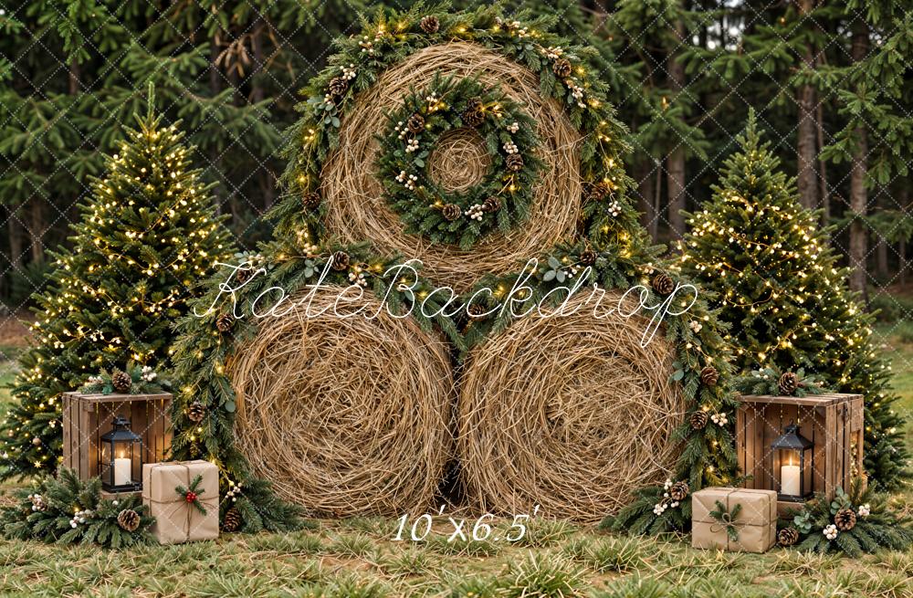 Kate Christmas Hay Bale Wreath Pine Forest Printed Backdrop Designed by Emetselch